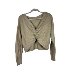 Hollister‎ Women’s M Cropped Fuzzy Sweater Tan Knotted Front Long Sleeve Cozy